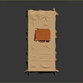Double Bed With Beige Bed Sheet And Open Orange Suitcase On Top With Wooden Legs