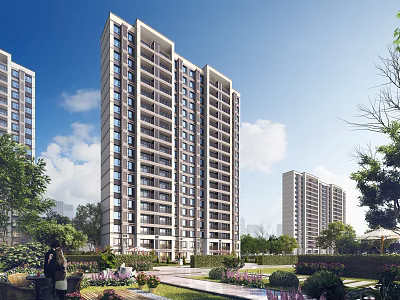 Modern High Rise Residential Buildings With Landscaped Gardens And Clear Sky 3d model