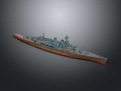 Detailed Military Battleship Model With Gray Hull Red Bottom Turrets And Antennas 3d model