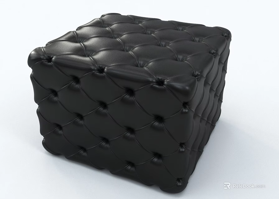 Black Tufted Leather Square Ottoman With Button Detail Modern Design 3d model 