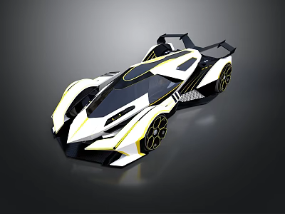 Futuristic Black White Sports Car With Yellow Accents Aerodynamic Body And Rear Spoiler 3d model