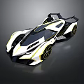 Futuristic Black White Sports Car With Yellow Accents Aerodynamic Body And Rear Spoiler