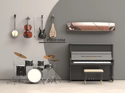 Wall Mounted And Floor Musical Instruments Collection With Piano Drum Set Violin Guitar Pipa 3d model