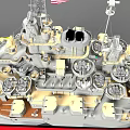 Military Battleship Model with Gray Hull Red Bottom Turret Antenna and American Flags