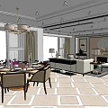 Elegant Modern Restaurant Dining Space With Round Table Chairs Chandelier Windows And Geometric Floor Design