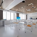 Modern Classroom With Wooden Walls White Tables Wheeled Chairs Tablets And Large Screens