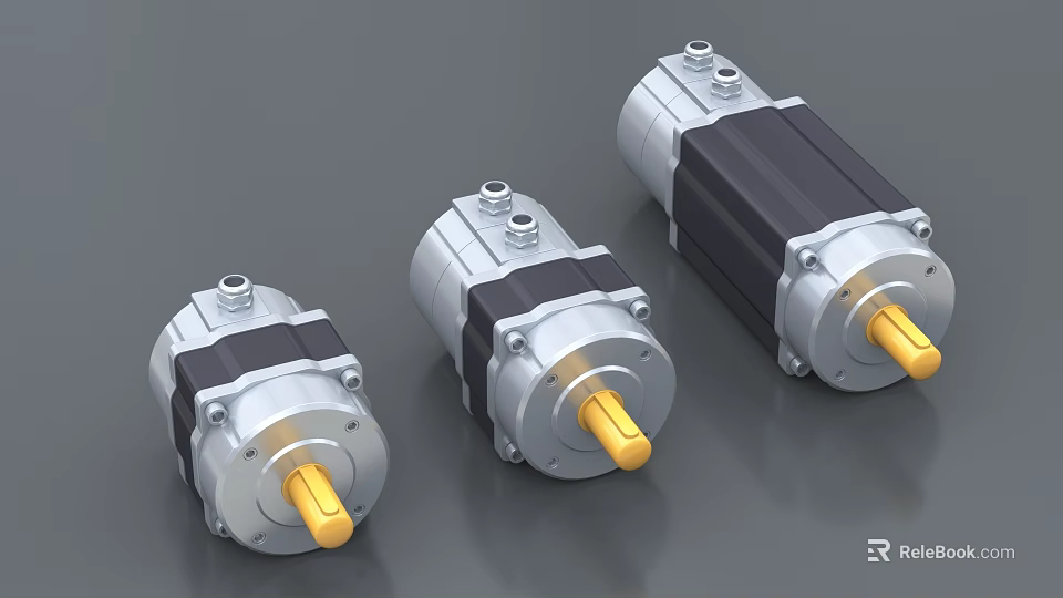 Industrial Gear Motors Three Different Sizes With Silver Housing Yellow Shaft And Black Components 3d model 