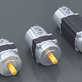 Industrial Gear Motors Three Different Sizes With Silver Housing Yellow Shaft And Black Components