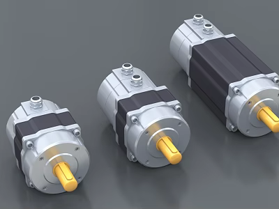 Industrial Gear Motors Three Different Sizes With Silver Housing Yellow Shaft And Black Components 3d model