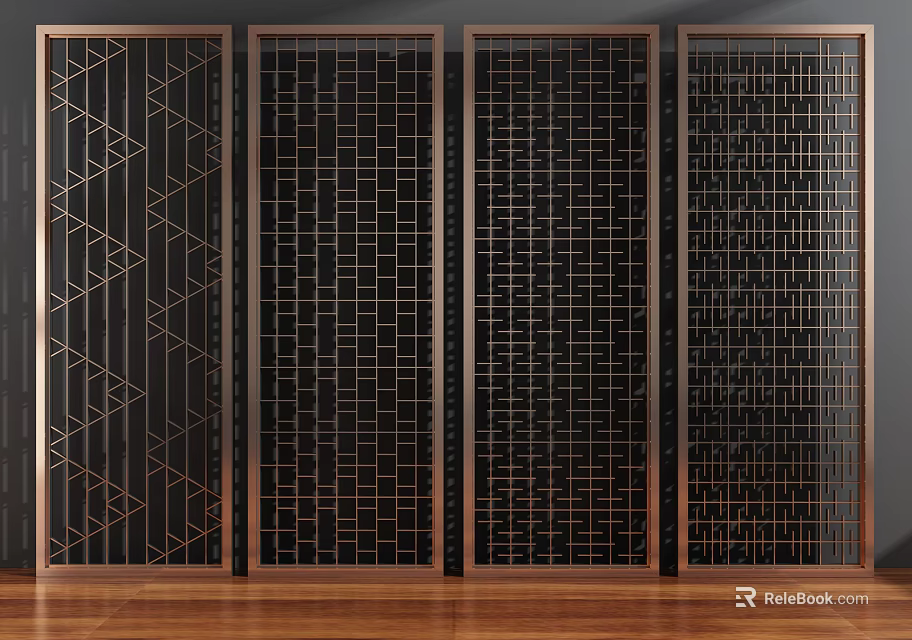 Modern Decorative Room Dividers With Geometric Patterns And Brass Frames 3d model