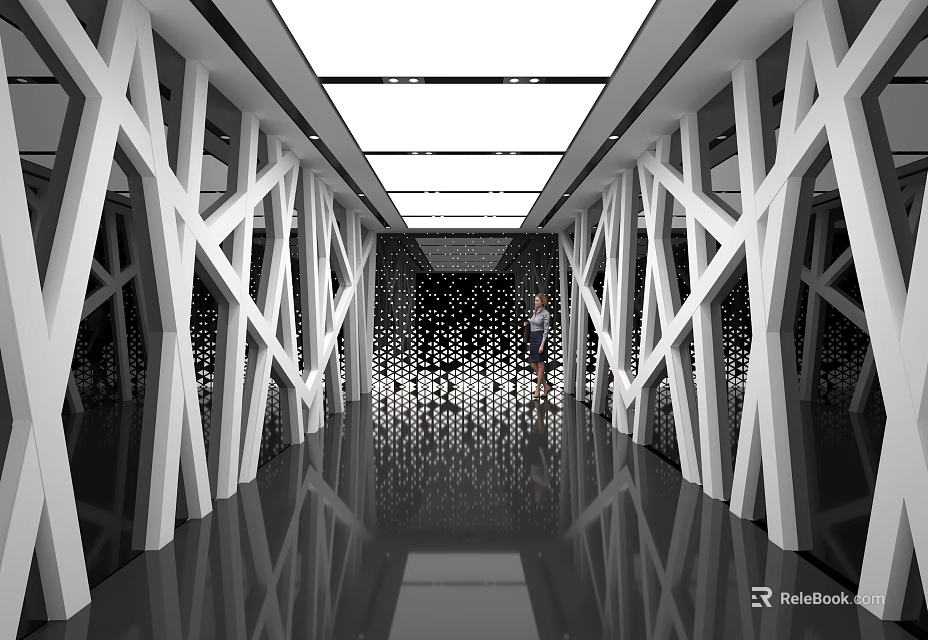 Modern Office Corridor With Geometric White Frame Structures Ceiling Lighting And Sleek Reflective Floor 3d model 