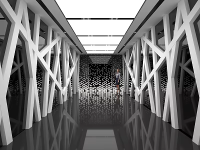 Modern Office Corridor With Geometric White Frame Structures Ceiling Lighting And Sleek Reflective Floor 3d model