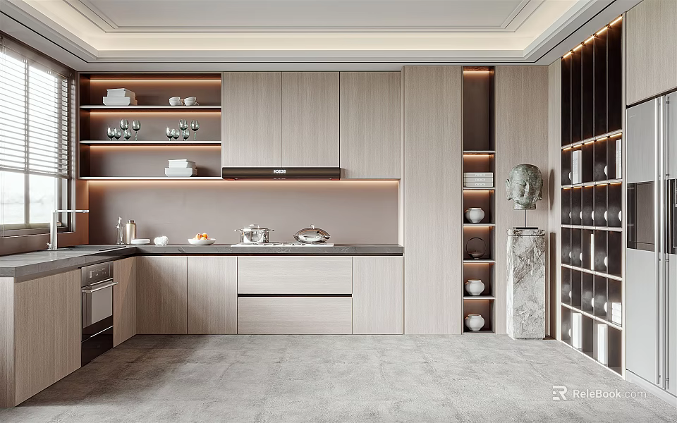 Elegant Modern Kitchen Interior With Wooden Cabinets Marble Countertop And Ambient Lighting 3d model 