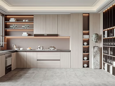 Elegant Modern Kitchen Interior With Wooden Cabinets Marble Countertop And Ambient Lighting 3d model