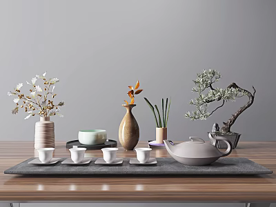 Elegant Tea Set With Teapot Teacups And Bowl On Wooden Table With Bonsai And Vase 3d model