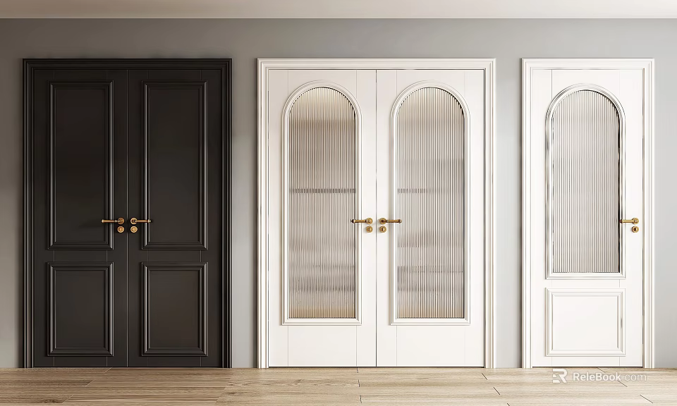 Modern Double Doors In Black And White With Glass Panels And Golden Handles 3d model 