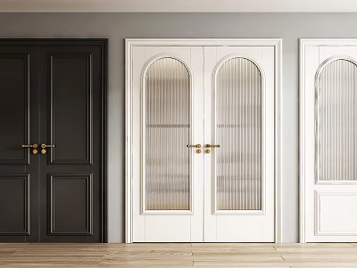 Modern Double Doors In Black And White With Glass Panels And Golden Handles 3d model