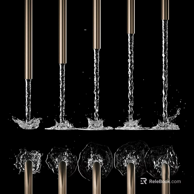 Multiple Metallic Faucets With Water Streams And Splashes On Black Background 3d model 