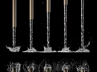 Multiple Metallic Faucets With Water Streams And Splashes On Black Background 3d model