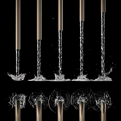 Multiple Metallic Faucets With Water Streams And Splashes On Black Background 3d model