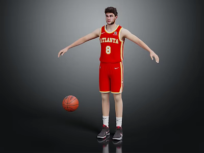 Man in Red Atlanta Basketball Jersey with Number 8 Standing by Basketball 3d model