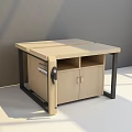 Modern Functional Desk With Wooden Top Black Metal Legs And Double Door Storage Cabinet