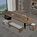 Modern Wooden Tea Table and Chairs with Bench Stools and Tea Sets by Window View