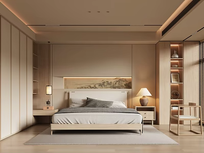 Modern Bedroom Interior Design With Neutral Tones Wooden Furniture And Decorative Art 3d model