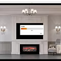 Elegant White Marble TV Wall Design With Fireplace Flame Wall Sconces And Chandelier