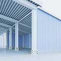 Industrial Warehouse Featuring Metal Roof Structure Supporting Columns Corrugated Panels And Yellow Ground Lines