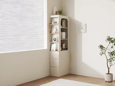 White Modern Bookcase with Multiple Shelves Books Decorative Items Near Window and Potted Plant 3d model