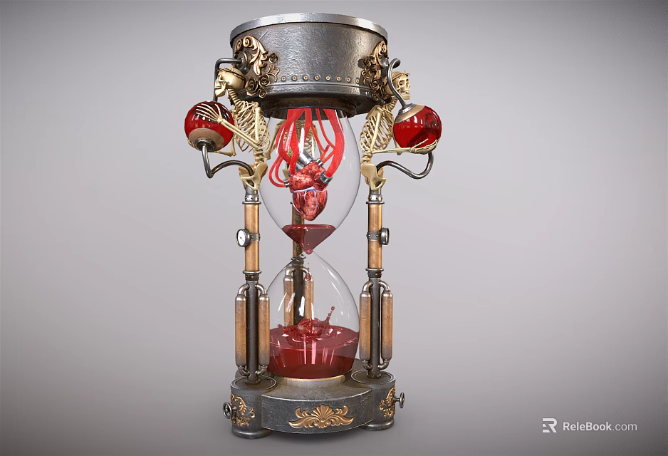 Hourglass Shaped Medical Device With Metal Frame And Red Simulated Heart Fluid 3d model 