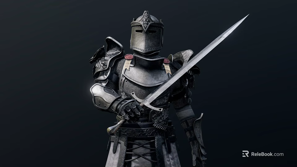 Man in medieval knight armor standing holding sword with detailed metal design 3d model 