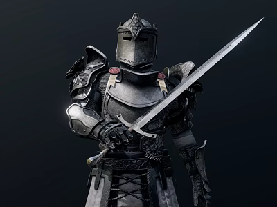 Man in medieval knight armor standing holding sword with detailed metal design 3d model
