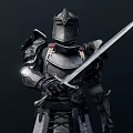 Man in medieval knight armor standing holding sword with detailed metal design
