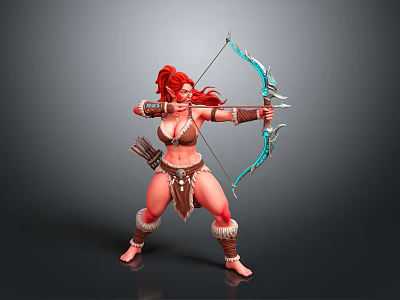 Woman with red hair in tribal warrior outfit holding bow and arrow ready to shoot 3d model