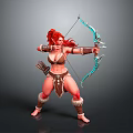 Woman with red hair in tribal warrior outfit holding bow and arrow ready to shoot