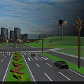 Modern Urban Road Facilities With Street Lamps Central Greenery And Moving Vehicles
