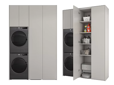 Modern Bathroom Cabinet with Washing Machine Dryer and Storage Shelves for Organized Space 3d model