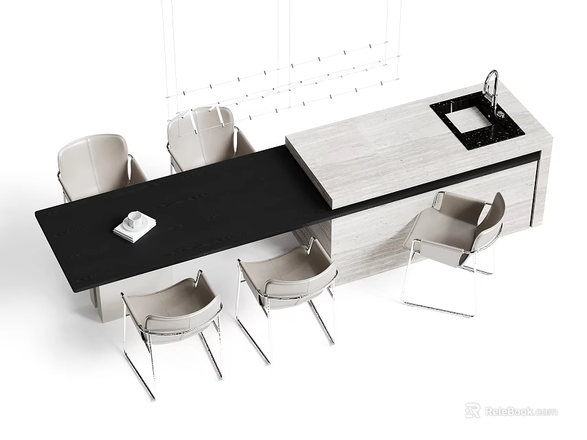 Modern Dining Table Set With Black Tabletop Light Chairs And Sink 3d model 