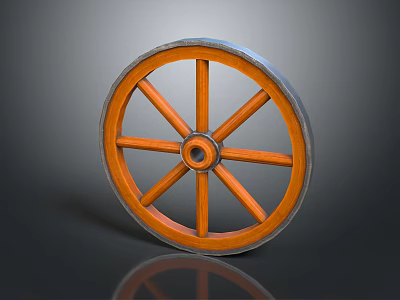Vintage Wooden Wheel With Orange Brown Spokes And Metal Rim Design 3d model