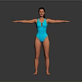 Woman In Blue One Piece Swimsuit Standing With Arms Outstretched On Gray Background