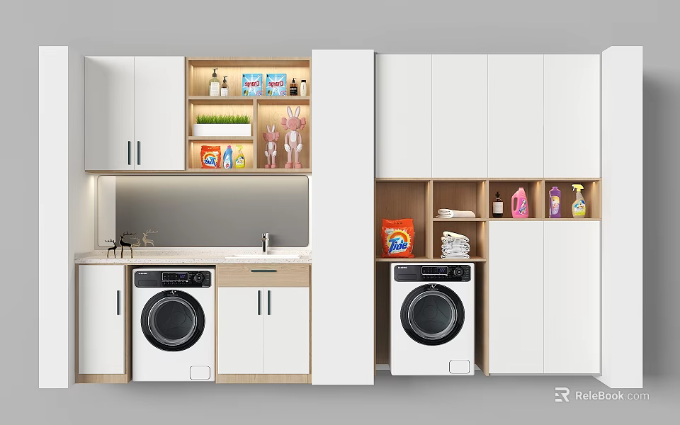 Home Balcony Laundry Area With Washing Machines Storage Cabinets Sink And Cleaning Supplies 3d model 