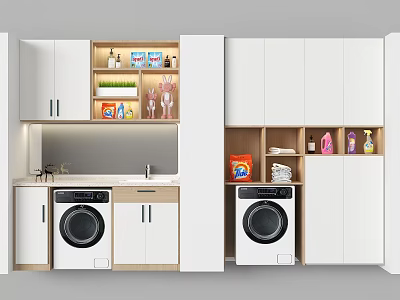 Home Balcony Laundry Area With Washing Machines Storage Cabinets Sink And Cleaning Supplies 3d model