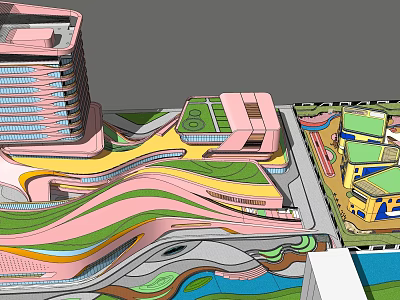Modern Office Building With Curved Design Green Landscape And Colorful Pathways 3d model