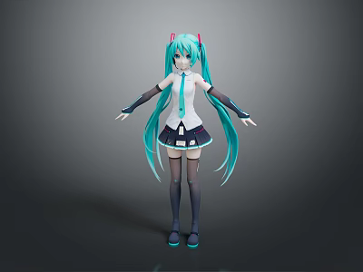 Anime Style Child Character With Turquoise Long Hair Pink Hair Accessories White Top Blue Tie And Outstretched Arms 3d model
