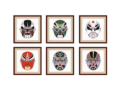Six Brown Wooden Frames With Colorful Chinese Opera Masks For Wall Decor 3d model