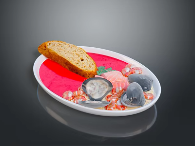Fresh Seafood Appetizer on White Plate with Red Base Bread Shrimp and Mussels Garnish 3d model
