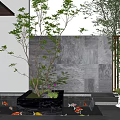 Modern Courtyard Garden Landscape With Koi Fish Pond Central Tree White Statue And Stone Pavement