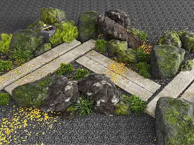 Natural Stepping Stones Garden Pathway With Mossy Rocks And Green Plants 3d model